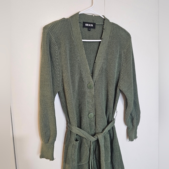 SEROYA olive Green Amanda Distressed Long Cardigan Dress Sweater S - Picture 5 of 8